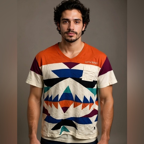 SlowBucks Geometric V-neck Short Sleeve T-Shirt. Size Large - Picture 1 of 5